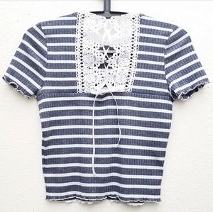 American Rag Striped Top W/Lace & Corset Detail